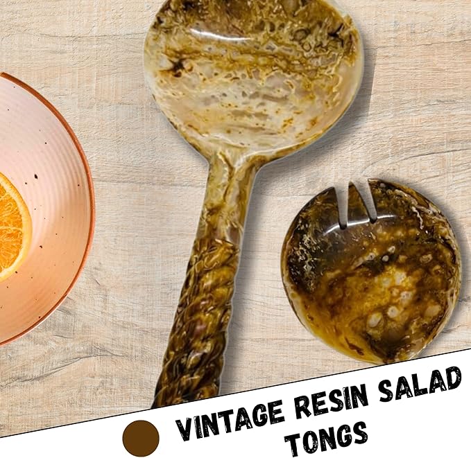 Essential Kitchen Items Antique Vintage Resin Salad Tongs Long Handle Serving Set of 2, Mixing, Tossing, and Cooking Spoons for the Kitchen, 12.5" Resin Salad Tongs for Serving, Salad Hand