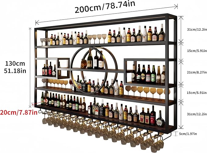 79in Modern Wine Rack Wall Mounted, Metal Wall Bar Shelves for Liquor Bottles with Glass Holder, Multifunctional Wood Bar Shelves Wall Mounted for Home Bar, Dining Room & Kitchen, Black