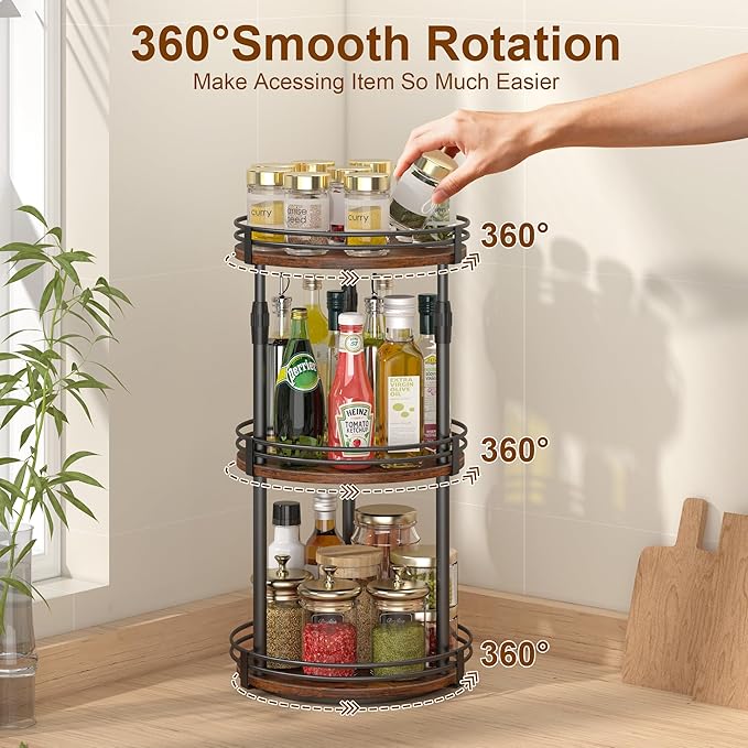 Lazy-Susan-Organizer-Spice-Rack, 3-Tier Adjustable Rotating Spice Organizer For Kitchen-Cabinet-Countertop-Pantry, Turntable Seasoning Holder Storage Shelf