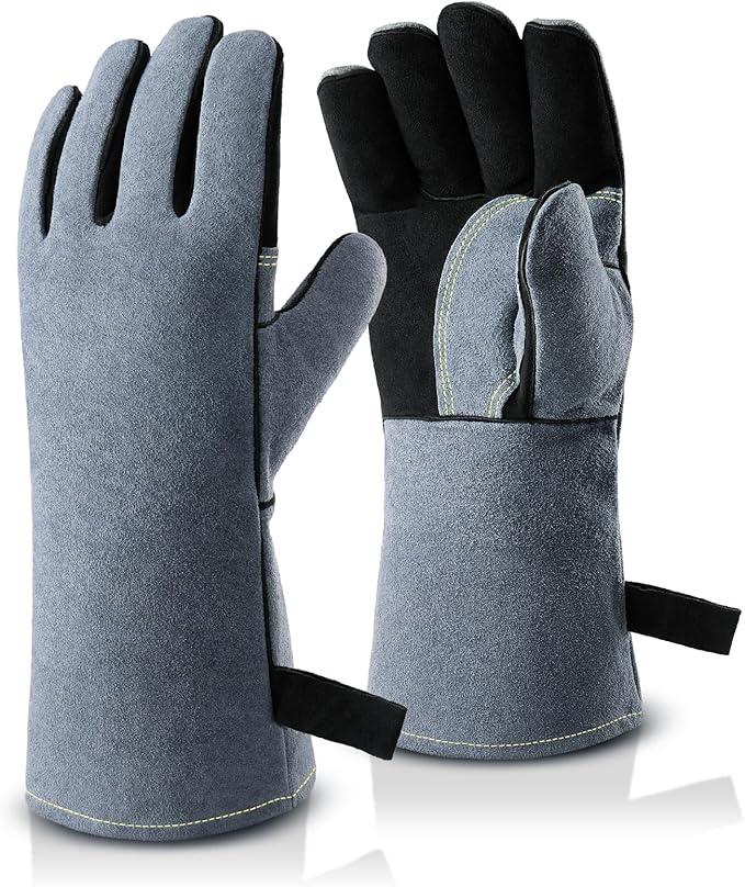 OZERO 932째F Heat Resistant Mig/Stick Welding Gloves 14 inches Cowhide Leather - Long Sleeve and Insulated Lining Barbecue Glove for Tig Welder/Grilling/Oven/Stove Black-gray