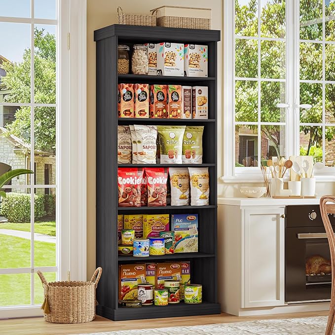70.8" Tall Farmhouse Bookshelf with Glass Doors, Modular Bookcase with 6-Tier Adjustable Shelves, Large Storage Cabinet for Kitchen, Living Room, Black, Set of 4