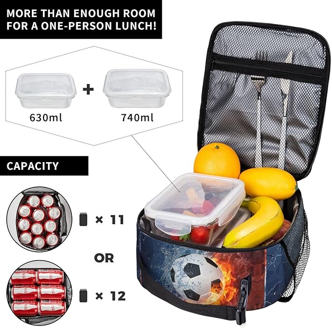 YIJIUWKIS Soccer Lunch Box Sports-themed Lunch Bag for Kids Teens Boys Girls, Insulated Leakproof Waterproof Reusable Lunch Bags with Mesh Pocket, Portable Durable Cooler Tote Bag with Double Zippers