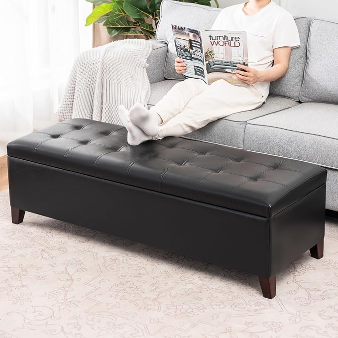 DECO DE VILLE Ottoman with Storage, 51 Inch End of Bed Storage Ottoman Bench, Faux Leather Upholstered Ottomans with Hinged Lid, Rectangle Long Foot Rest Bench for Entryway Living Room Bedroom Black