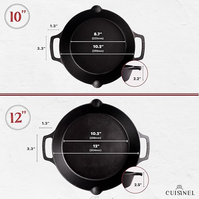 Cast Iron Skillet Set - 10" + 12"-Inch Dual Handle Frying Pans + Silicone Handle Holder Covers + Pan Scraper - Pre-Seasoned Oven, Grill, Stovetop, Induction Safe Kitchen Cookware - Indoor/Outdoor Use