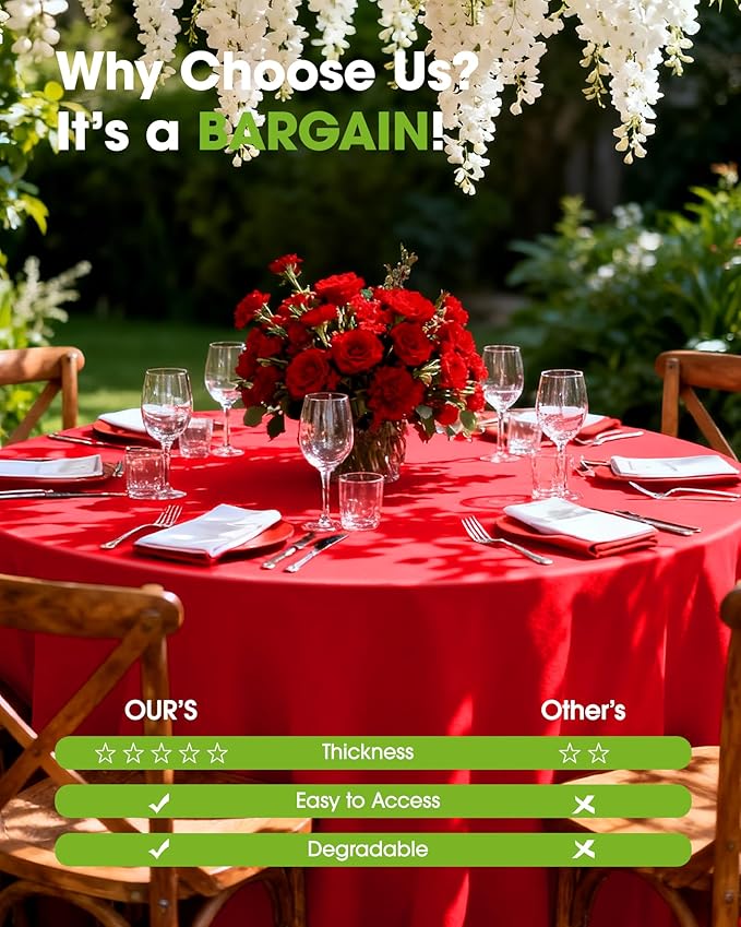 Pureegg Plastic Table Cloth Disposable 12 Pack, 84'' Round Table Cloths, Valentines Day, Thanksgiving, Christmas Decorations, Fall Tablecloths, Round, Plastic Cover, Leakproof & Sturdy, Red