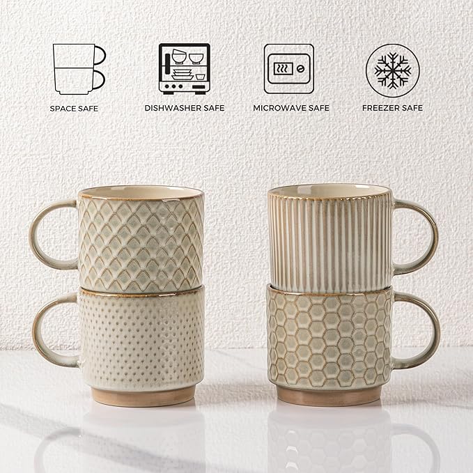 GBhome 8OZ Stackable Coffee Mugs, Ceramic Coffee Mugs with Texture Patterns for Man,Woman,Dad,Mom, Modern Coffee Cups Set of 4 for Espresso/Cappuccino. Dishwasher&Microwave Safe