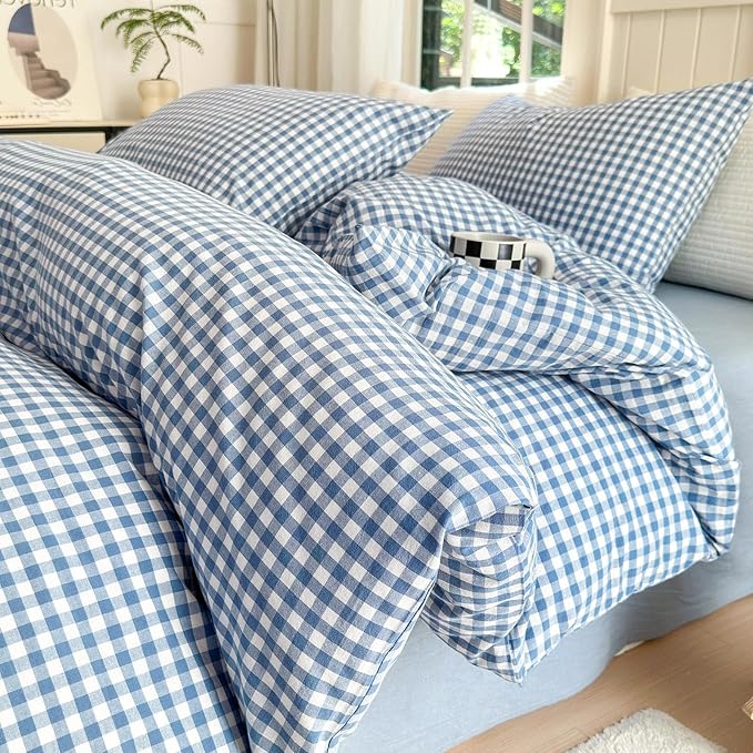 Blue Gingham Comforter Set Queen Modern Plaid Checkered Pattern Comforter 3 Pieces Blue Grid Comforter with 2 Pillowcases Soft Fluffy Gingham Bedding Set Farmhouse Plaid Comforter Set for All Seasons