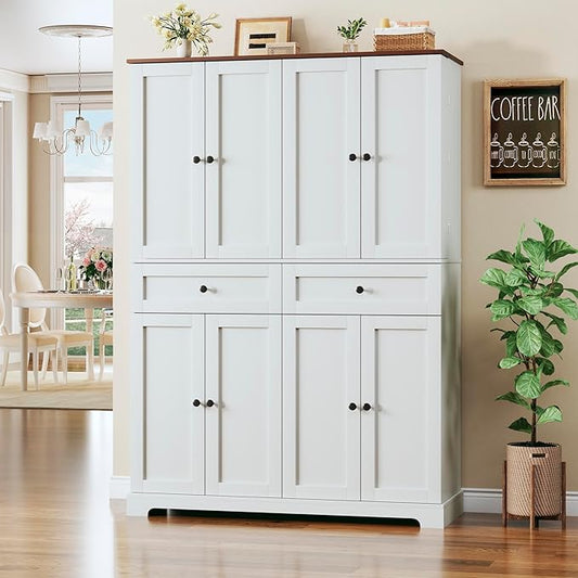 71" Kitchen Pantry Cabinet with 6 Door Shelves, Tall Pantry Storage Cabinet with 8 Doors & 4 Adjustable Shelves, Modern Kitchen Pantry with 2 Large Drawers for Dining Room, Living Room, White
