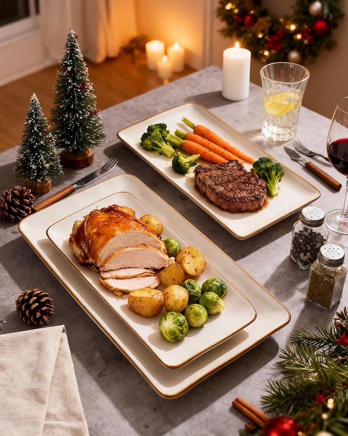 Famiware Serving Platter, Rectangular 15.67/14.1/12.6inch Serving Dishes for Entertaining, Dishwasher Safe, Stoneware Serving Trays for Party, Food, Turkey, Snack, Cheese, Reactive Glaze, Matte White