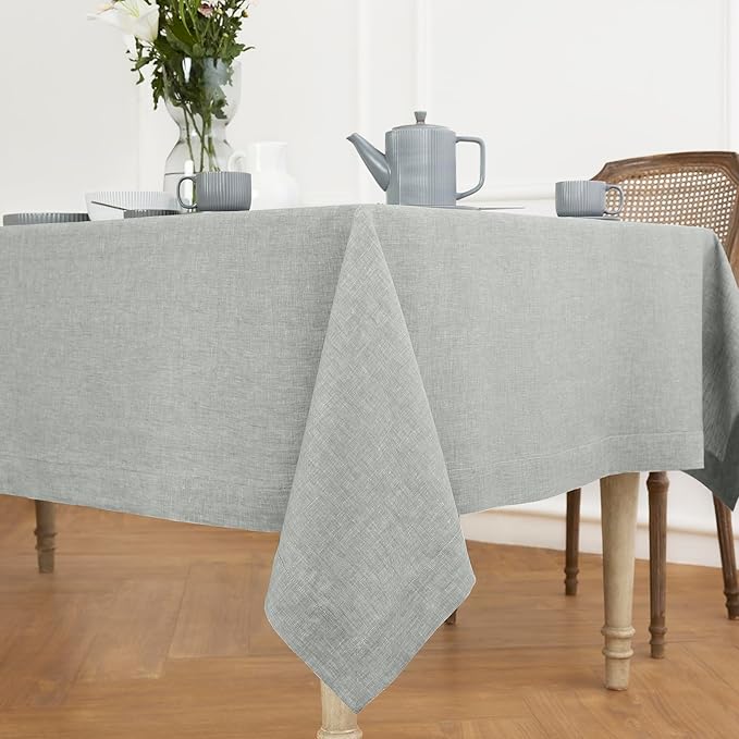 Solino Home Linen Tablecloth 60 x 108 Inch - 100% Pure Linen Chambray Grey Table Cloth for Rectangle Tables - Athena, Machine Washable Fabric Tablecloth