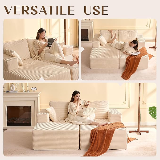 Chaise Lounge Chair, Boneless Couch for Living Room and Bedroom, Sleeper Couches Reading Chairs, Corduroy, White