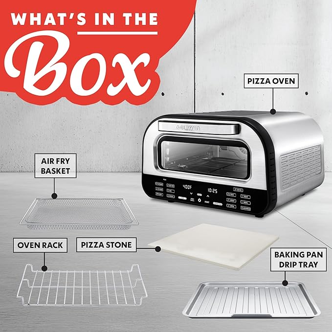 Gourmia Indoor Pizza Oven Air Fryer Toaster ??1800W Countertop Multi-Cooker with Pizza Stone, Digital Controls & 6 Presets, Stainless Steel
