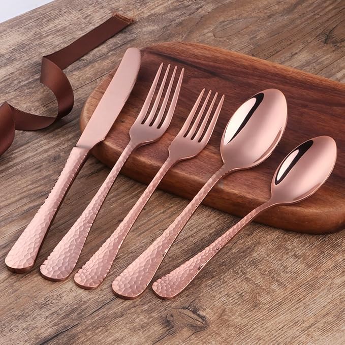 5-Piece Rose Gold Silverware Flatware Set Service for 1 Stainless Steel Cutlery Set Include Dinner Knife Table Fork Table Spoon Salad Fork Tea Spoon for Wedding, Dishwasher Safe