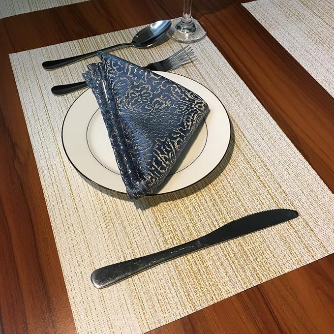 Placemat,Blending Color Durable Woven Vinyl Placemat Washable Heat-Resistant Anti-Skid Kitchen Dining Table Mats (Set of 6, Yellow with White)