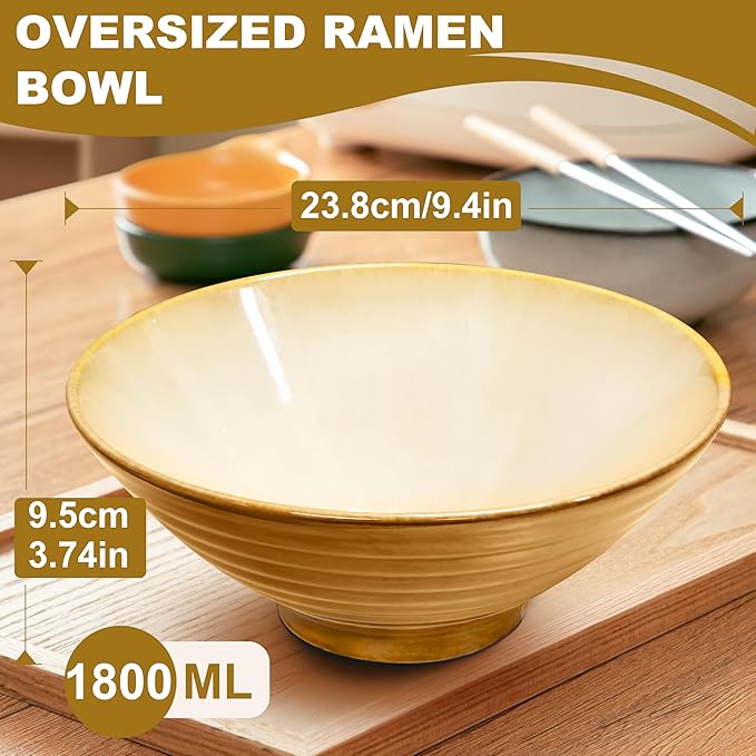 9.4-Inch 4 Sets Ceramic Ramen Bowl (16 Piece) - Japanese Porcelain Dishwasher Microwave Safe Salad Noodles Cereal Pasta Soup Large Bowls with Chopsticks Forks Spoons for Men Women Housewarming Gift