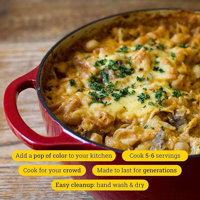 Lodge 6 Quart Enameled Cast Iron Dutch Oven with Lid ??Dual Handles ??Oven Safe up to 500째 F or on Stovetop - Use to Marinate, Cook, Bake, Refrigerate and Serve ??Island Spice Red