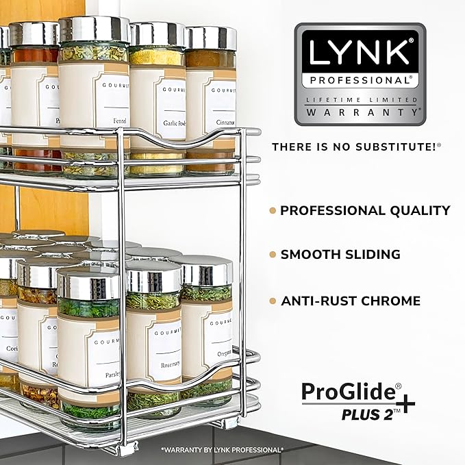 LYNK PROFESSIONAL짰 Pull Out Spice Rack Organizer for Inside Kitchen Cabinets - 6-3/8 inch Wide - Slide Out Drawer ??Chrome Sliding Spice Cabinet Organization Shelf Racks - 2 Tier
