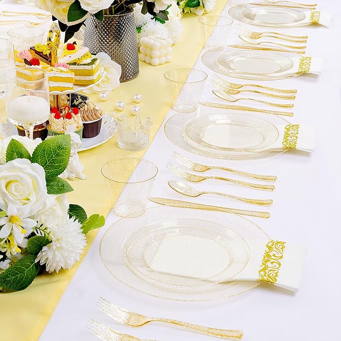 I00000 350 Pcs Gold Glitter Plastic Dinnerware Set for 50 Guests, Plastic Disposable Plates for Party, Include: 50 Dinner Plates,50 Dessert Plates,50 Paper Napkins, 50 Cups, 50 Silverware Set