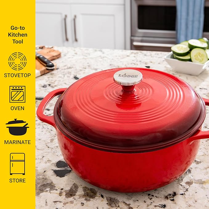 Lodge 6 Quart Enameled Cast Iron Dutch Oven with Lid ??Dual Handles ??Oven Safe up to 500째 F or on Stovetop - Use to Marinate, Cook, Bake, Refrigerate and Serve ??Island Spice Red