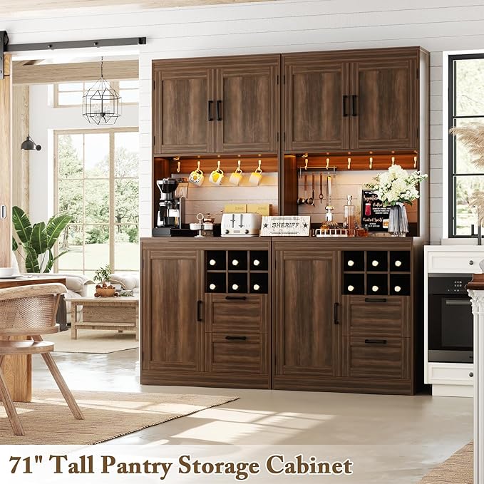 Unikito 72" Tall Kitchen Pantry Cabinet with LED Light & Outlet, Kitchen Hutch Coffee Bar with Microwave Stand, Wine Rack, Drawers and Storage Shelves, Cupboard for Dining Room, Weathered Brown