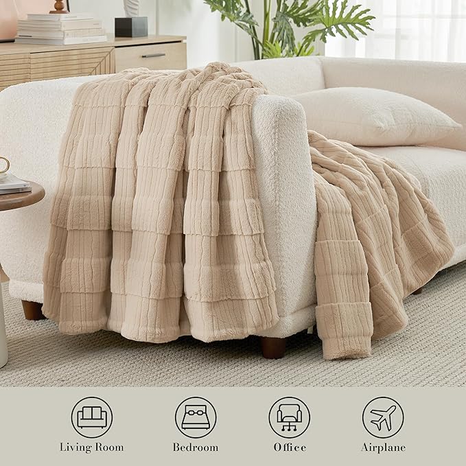 Am챕lie Home Luxury Striped Faux Fur Throw Blanket for Bed Queen Size, Soft Cozy Fuzzy Fluffy Plush Gift Blankets for Women, 88"x90", Beige
