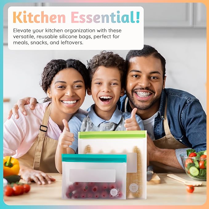 Reusable Food Storage Bags ??6-Pack Stand-Up, BPA-Free, Freezer, Dishwasher Safe & Eco-Friendly ??6 Gallon Bags ??Airtight Leakproof, Organization and Storage Baggies (Multicolor (Green))