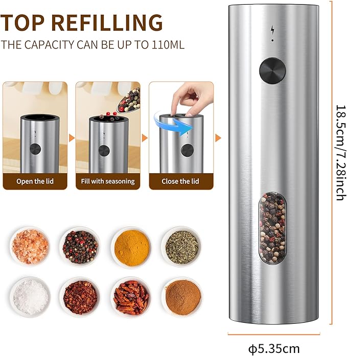 Electric Salt and Pepper Grinder Set (with Rechargeable Base), Featuring LED Lighting, Ideal for Kitchen and Outdoor Use.