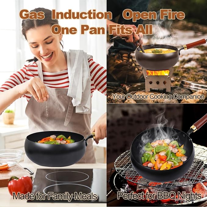 Suntuup Japanese Iron Pan, 9.45 Inch Hand-Forged Uncoated Irons Pan with Wooden Lid, Non-Stick Without Coating, Rust-Free Durable Thick Iron Pot for Gas, Electric Cookers, Induction