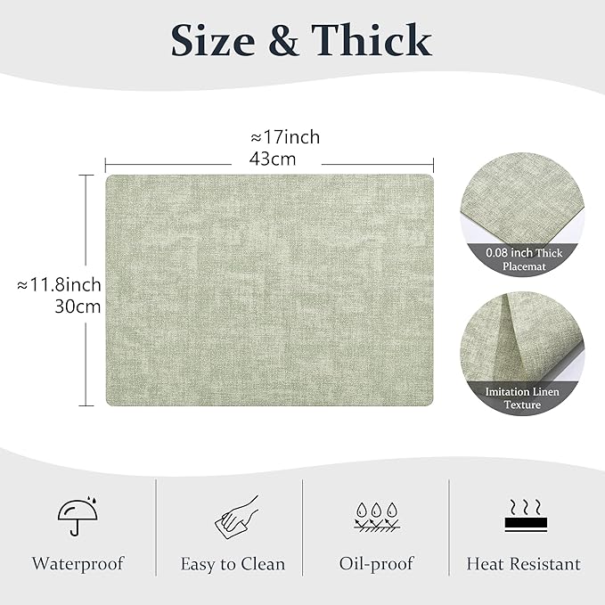 FROMHEART Faux Leather Placemats Set of 6?밯aterproof,Heat/Oil Stain-Resistant PU Table Mat?밨eversible,Non-Slip,Easy to Clean Place Mats for Kitchen,Dining,Indoor/Outdoor,(Light Green,11.8" x 17")