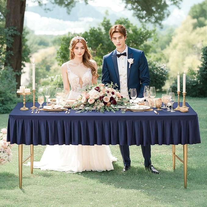 Wish Care Navy Blue Spandex Table Clothes for 6 Foot Rectangle Tables Wrinkle Free Stretch Fitted Tablecloth 6ft Pleated Ruffle Elastic Table Cover Skirt for Banquet Dining Home Party Tablecloth