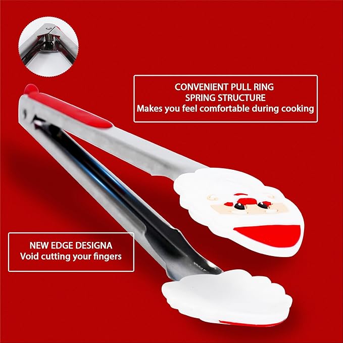 Kitchen Tongs, Premium Stainless Steel, Food-Grade Silicone Tips with Christmas Design, Heat Resistant 500쨘F, 2-Piece Set (9'' and 12'')