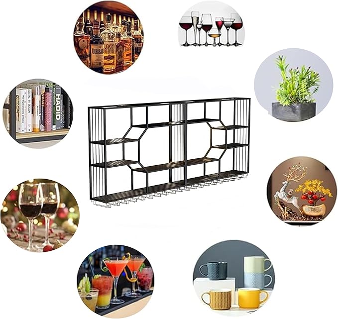 59 Inch Metal Wall-Mounted Wine Rack & Liquor Shelf, 5-Tier Large Bar Shelves for Liquor Bottles with Glass Holder, Alcohol Shelf for Home Bar & Dining Room, Black(Right, No Lights)