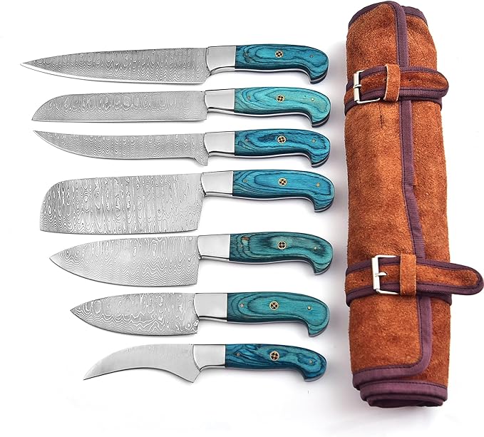 101-7 Stainless Steel Damascus Kitchen Knife Set Hand Forged Butcher Chef Knife Set with Roll Bag Sharp Meat Cleaver Bone Chopper Fillet Knives for Home Camping BBQ Gift for Men 101-7 (7)