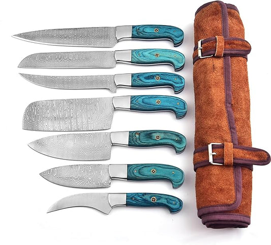 101-7 Stainless Steel Damascus Kitchen Knife Set Hand Forged Butcher Chef Knife Set with Roll Bag Sharp Meat Cleaver Bone Chopper Fillet Knives for Home Camping BBQ Gift for Men 101-7 (7)
