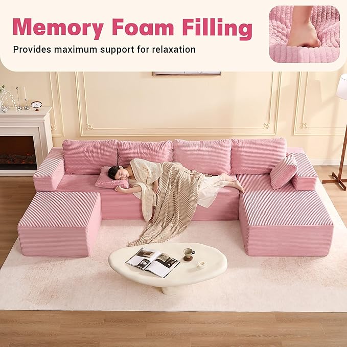 138" Boneless Couch with Deep Seat, Modular Sectional Sofa, Cloud Sectional Couch for Living Room, No Assembly Required, Corduroy, U-Shape 4 Seater Right, Pink