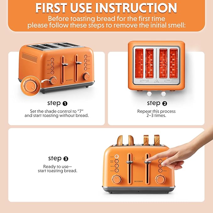 BUYDEEM DT640 4-Slice Toaster, Extra Wide Slots, Retro Stainless Steel with High Lift Lever, Bagel and Muffin Function, Removal Crumb Tray, 7-Shade Settings,Orange