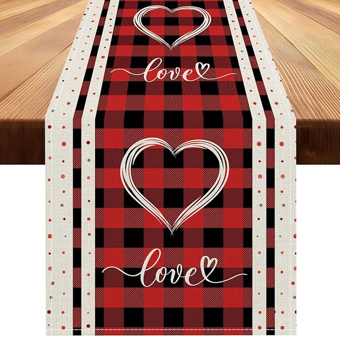 Valentines Day Table Runner 13x60 Inch, Buffalo Plaid Love Hearts Valentine Table Runner, Anniversary Home Kitchen Dining Table Holiday Party Decorations