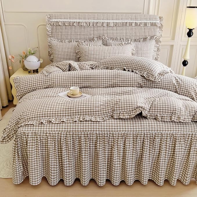 LifeTB Tan Gingham Comforter Set Full Vintage Ruffle Taupe Plaid Comforter Set 3 Pieces Soft Fluffy Grid Checkered Pattern Comforter with 2 Pillowcases Farmhouse Gingham Bedding Comforter Full