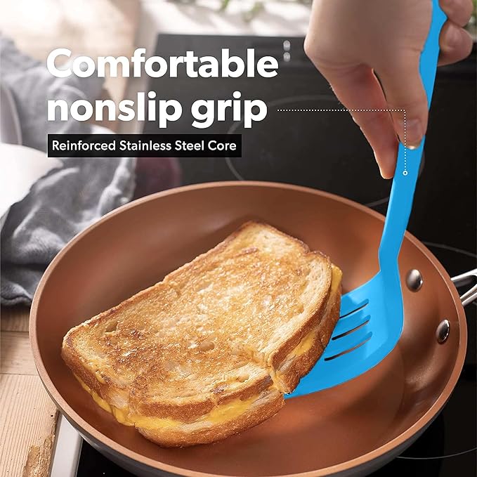 New DI ORO Silicone Turner Spatula Set - Kitchen Spatulas for Nonstick Cookware - Cooking Utensils for Flipping Eggs & Pancakes - 600째F Heat-Resistant BPA Free Turners - Dishwasher Safe (4pc, Blue)