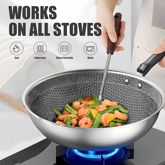 13.4??Stainless Steel Wok Pan with Lid ??Honeycomb Non Stick Stir Fry Pan for Induction, Gas, Electric & Ceramic Cooktops ??Tri-Ply Deep Frying Wok with Stay-Cool Handle, PFOA-Free