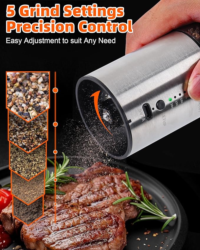 Electric Salt and Pepper Grinder Set, 2-Pack 480ML Capacity, USB-C Rechargeable 4-Timing Settings, Automatic Salt and Pepper Shakers, One-Handed Operation, Birthday Gifts for Women Mom