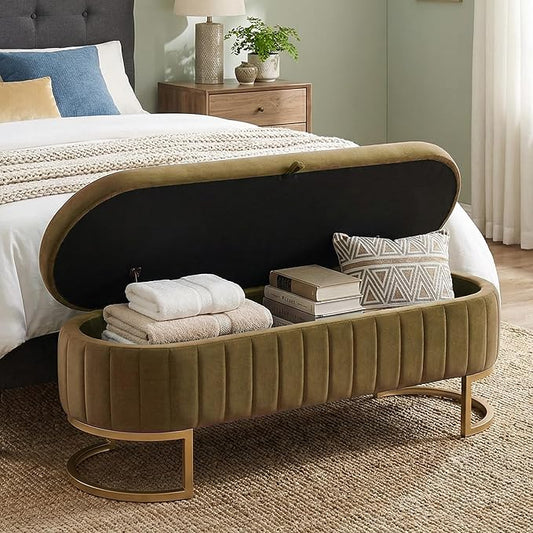 VIROL 65 Inch Storage Ottoman Bench Velvet End of Bed Storage Bench King Size Upholstered Tufted Bench Large Space for Bedroom Living Room Entryway Coffee
