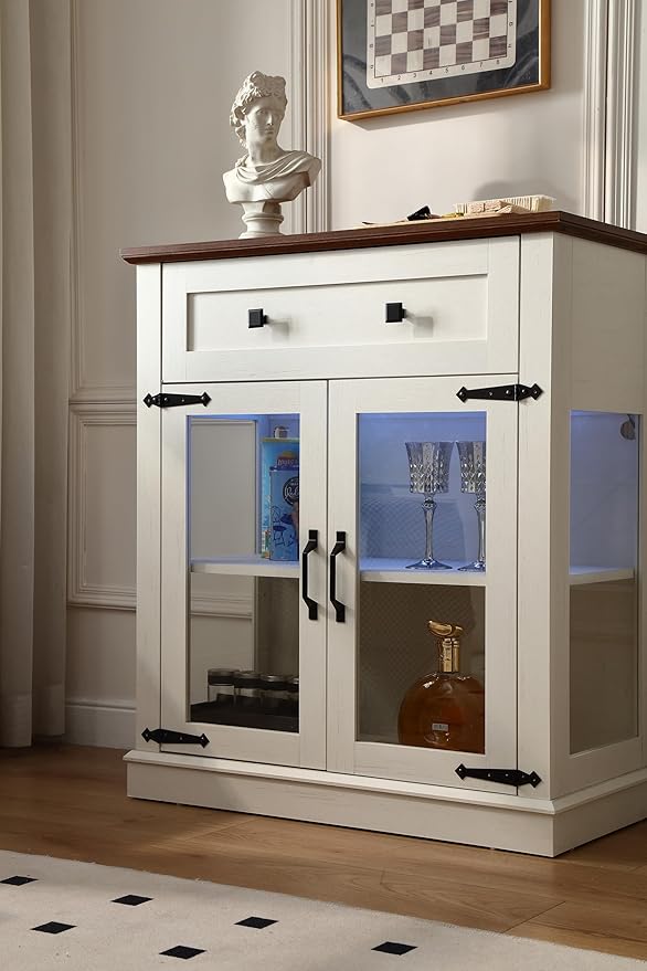 31.5'' Modern Small Buffet Cabinet with Storage,Buffet Sideboard with Two Glass Doors and a Drawer,Small Coffee bar Cabinet with Adjustable Shelf,for Kitchen,Antique White