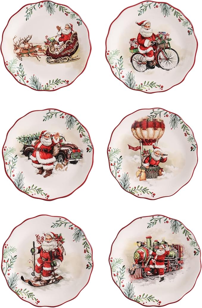 Bico Santa On The Way Scalloped Appetizer Plates Set of 6, 6 Inch Small Ceramic Dessert Plates for Snacks, Salad, Tablescape, Microwave and Dishwasher Safe, Gift for Housewarming and Thanksgiving