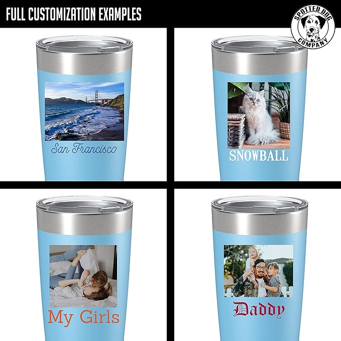 Personalized 20oz (17 Colors) Photo Picture Printed Insulated Stainless Steel Powder Coated Tumbler with Lid ??Customized Mother's Day Gift Gift for Him, Custom Coach Gifts Team Mom Dad (Light Blue)