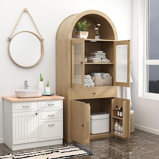 Hadulcet 71" Tall Arched Kitchen Pantry Cabinet, Farmhouse Kitchen Storage Cabinet with Drawers & 4 Doors, Adjustable Shelves, Acrylic Fluted Panel, Wood Cupboard Buffet Organizer, Light Wood