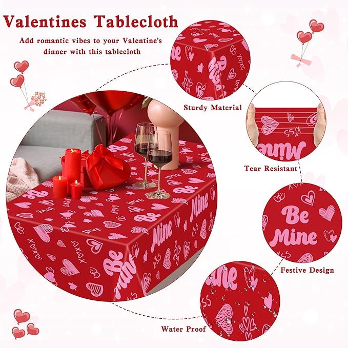 3 Pcs Valentines Decorations, 108" X 54" Plastic Valentines Tablecloth, Disposable Love Tablecloth, Pink Table Cloth Rectangle Galentines Party Favors, Heart Table Cover for Galentine Wedding Party
