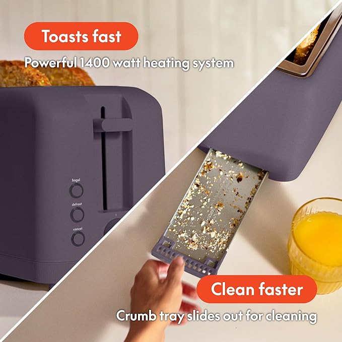 bella 4 Slice Slim Toaster, Fits-anywhere??Kitchenware, 6 Setting Shade Control with Reheat & Cancel Buttons, Fits Sourdough, 10??Long Slot, Anti Jam & Auto Shutoff, 900 Watt, Plum