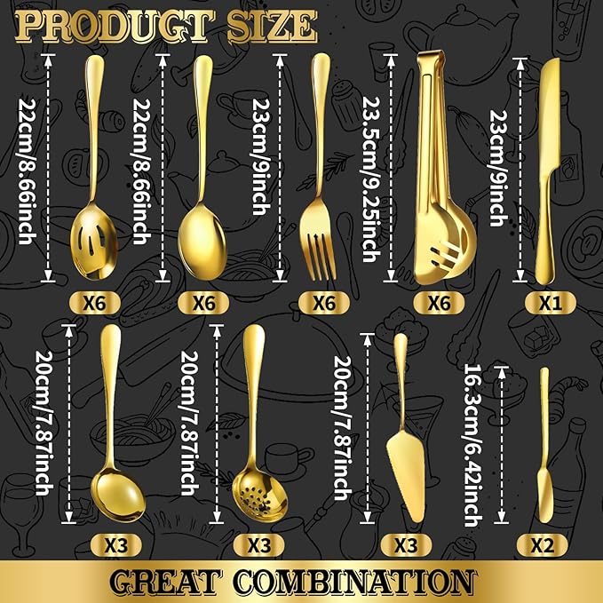 36-Piece Stainless Steel Serving Utensil Set ??Complete Buffet Essentials with Spoons, Forks, Tongs, Ladle & More. Perfect for Wedding, Holiday, Catering, and Family Gatherings(Gold)