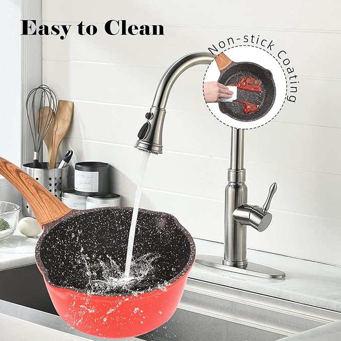 Nonstick Saucepan with Lid, 1.8 Quart Classic Red Granite Coated Pasta Soup Pot for All Stovetops, 7 Inch Small Sauce Pan for Cooking Sauce Soup and Milk